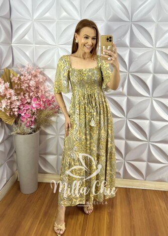Vestido Fabiana em Viscolinho - Amarelo Palha - Milla Chic