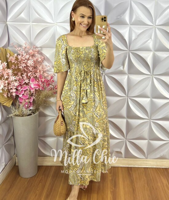 Vestido Fabiana em Viscolinho - Amarelo Palha - Milla Chic