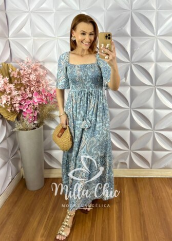 Vestido Fabiana em Viscolinho - Azul Ciano - Milla Chic