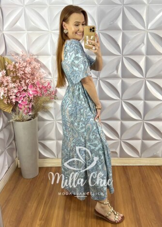 Vestido Fabiana em Viscolinho - Azul Ciano - Milla Chic