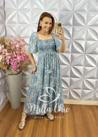 Vestido Fabiana em Viscolinho - Azul Ciano - Milla Chic