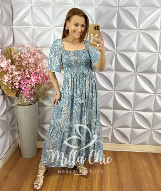 Vestido Fabiana em Viscolinho - Azul Ciano - Milla Chic