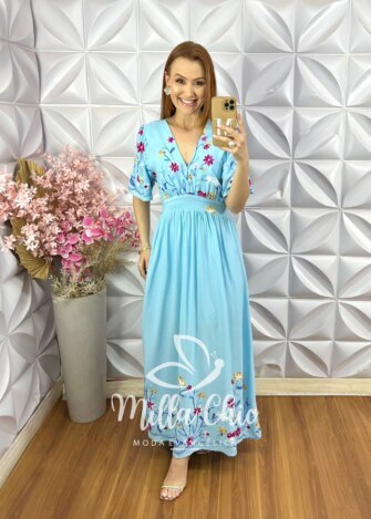Vestido Fiorella Bordado - Azul Celeste - Milla Chic