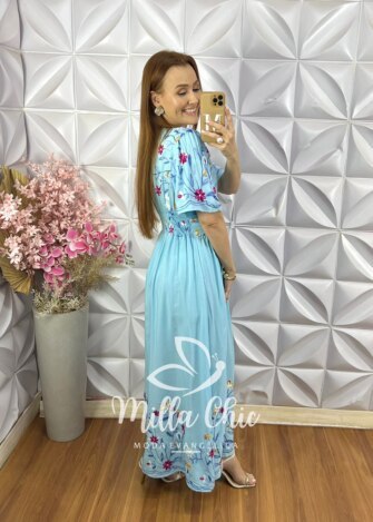 Vestido Fiorella Bordado - Azul Celeste - Milla Chic