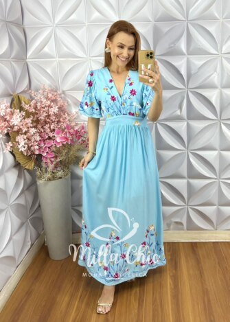Vestido Fiorella Bordado - Azul Celeste - Milla Chic
