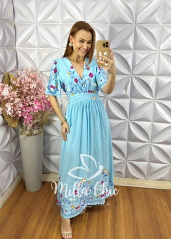 Vestido Fiorella Bordado - Azul Celeste - Milla Chic