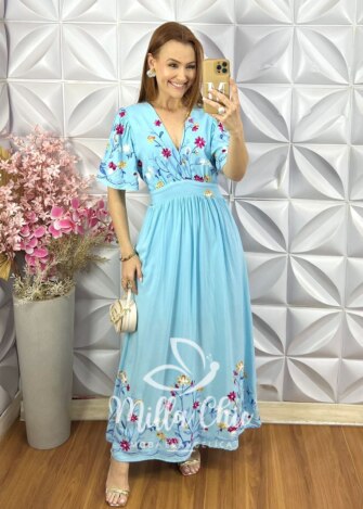 Vestido Fiorella Bordado - Azul Celeste - Milla Chic