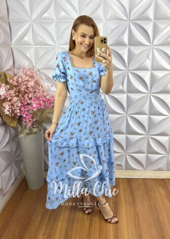 Vestido Glória em Viscolinho - Menta Estampado - Milla Chic