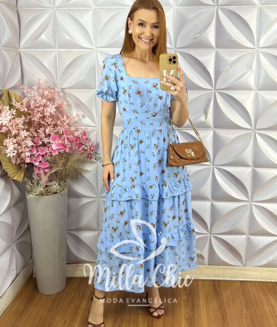 Vestido Glória em Viscolinho - Menta Estampado - Milla Chic