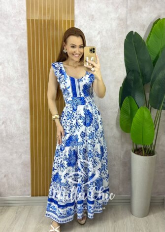 Vestido Grécia Manga Babado - Azul - Milla Chic