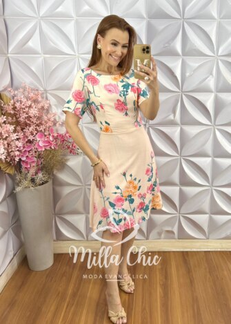 Vestido Inês em Viscose - Estampa Frontal - Salmão - Milla Chic