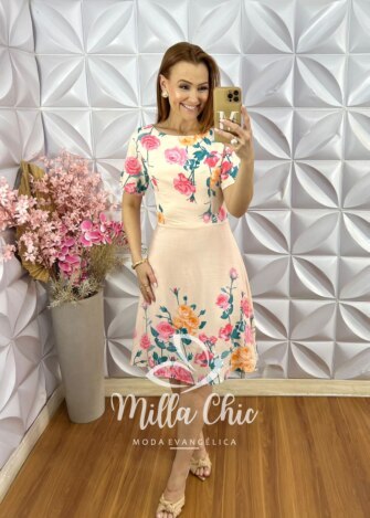 Vestido Inês em Viscose - Estampa Frontal - Salmão - Milla Chic