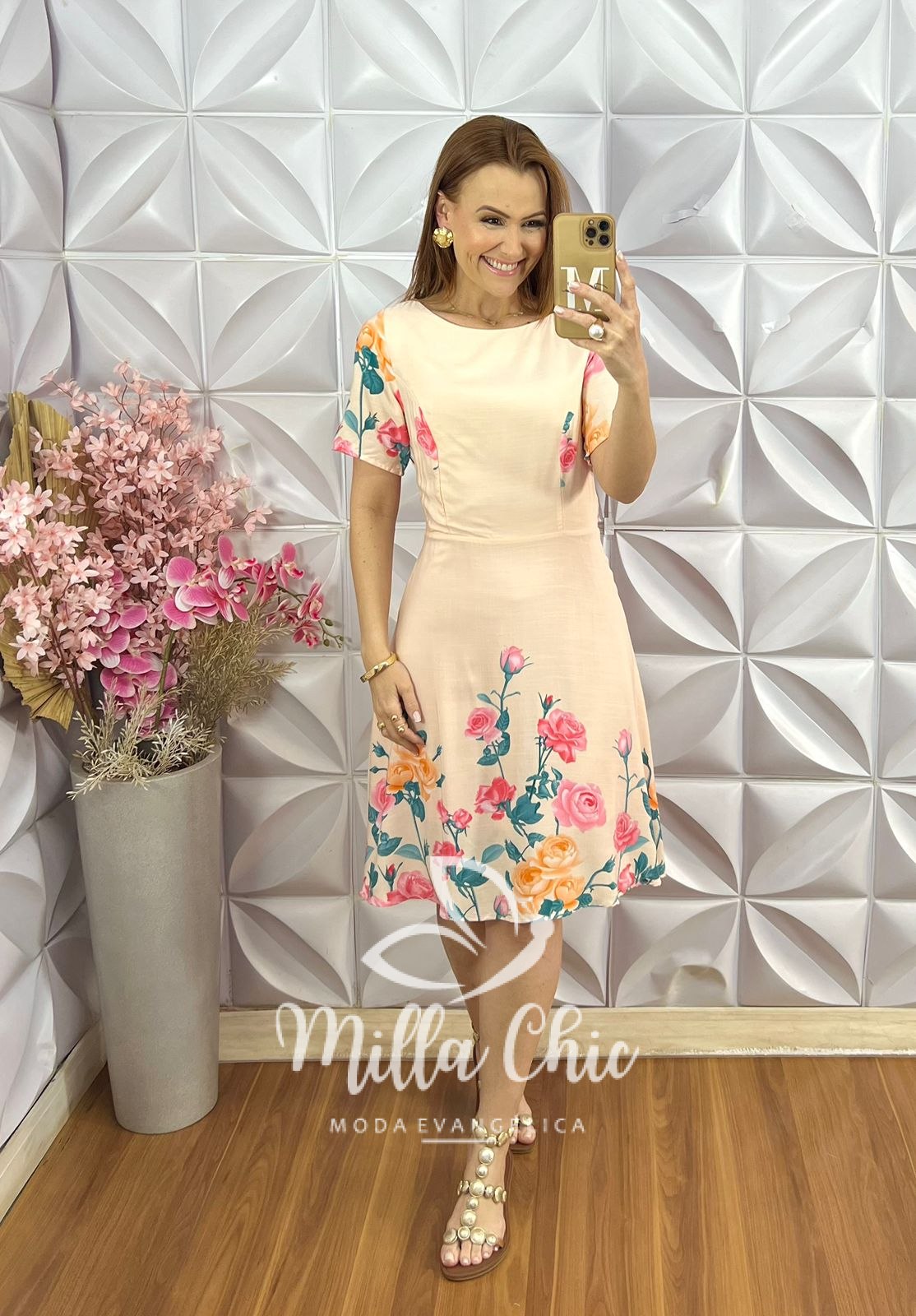 Milla Chic - millachic com br vestido ines em viscose estampa frontal salmao copia 1 Vestido Inês em Viscose - Estampa Lateral - Salmão - Milla Chic