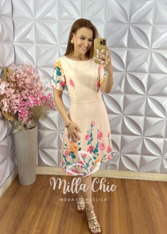 Milla Chic - millachic com br vestido ines em viscose estampa lateral salmao Vestido Inês em Viscose - Estampa Lateral - Salmão - Milla Chic