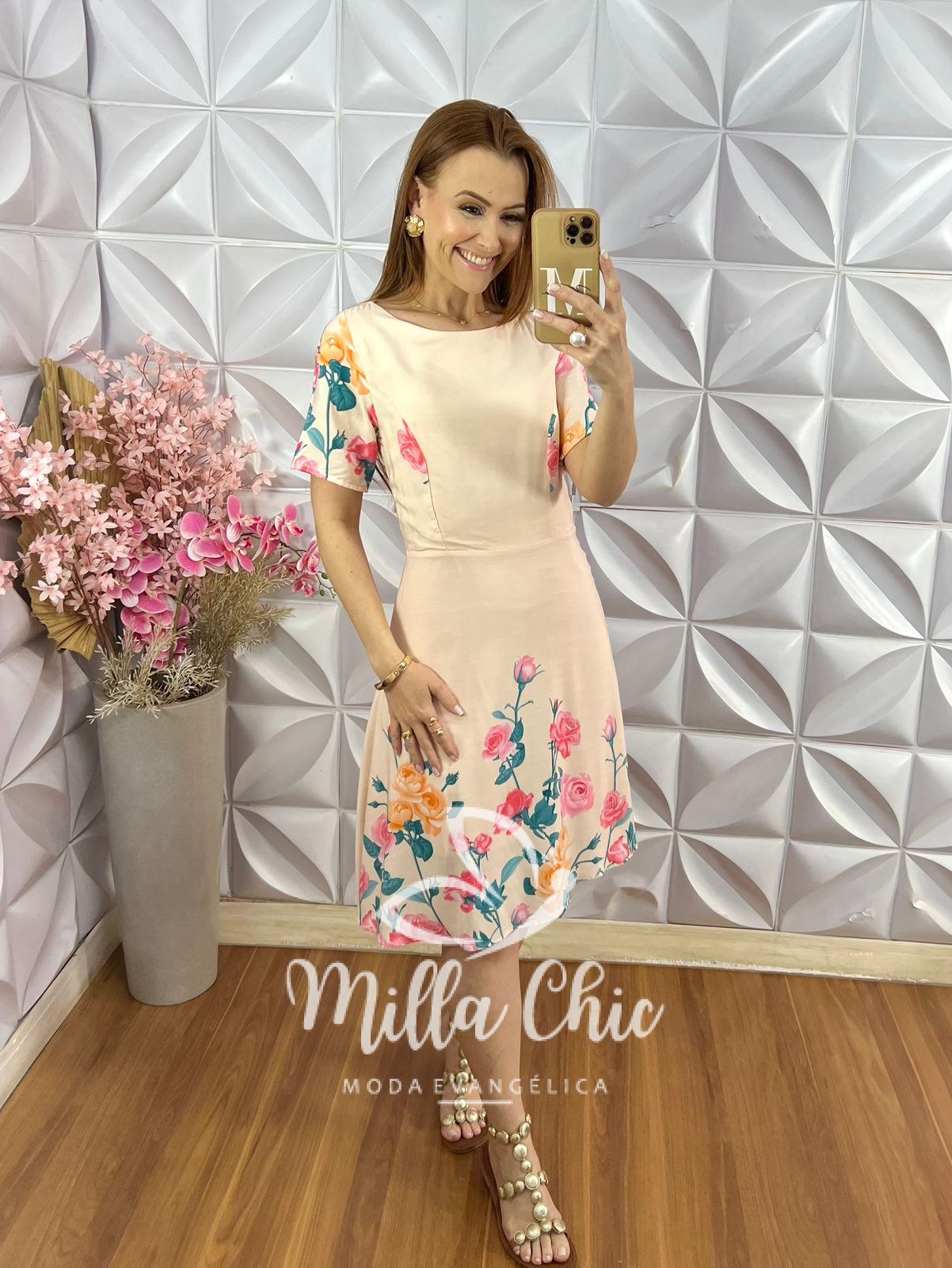 Milla Chic - millachic com br vestido ines em viscose estampa lateral salmao Vestido Inês em Viscose - Estampa Lateral - Salmão - Milla Chic