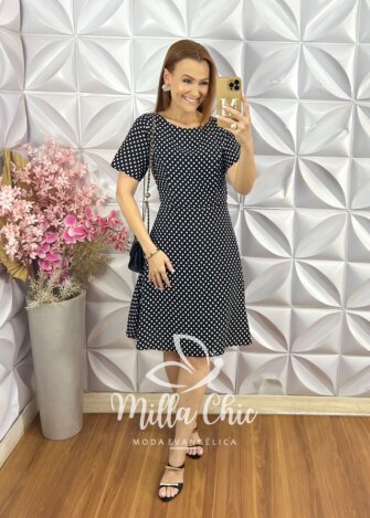 Milla Chic - millachic com br vestido ines em viscose poa preto Vestido Inês em Viscose Póa - Preto - Milla Chic