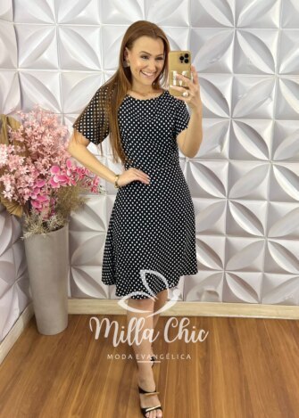 Vestido Inês em Viscose Póa - Preto - Milla Chic