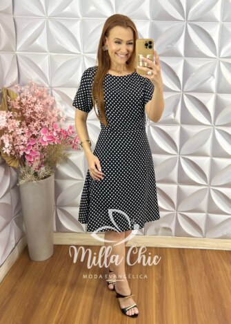Vestido Inês em Viscose Póa - Preto - Milla Chic