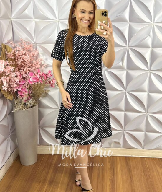 Vestido Inês em Viscose Póa - Preto - Milla Chic