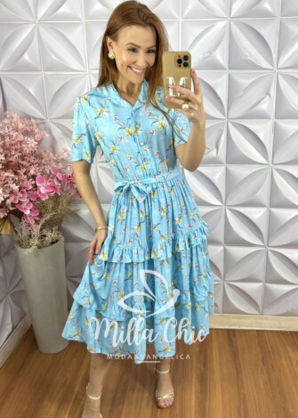 Vestido Janice Em Viscolinho - Azul Céu - Milla Chic