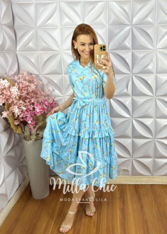 Vestido Janice Em Viscolinho - Azul Céu - Milla Chic