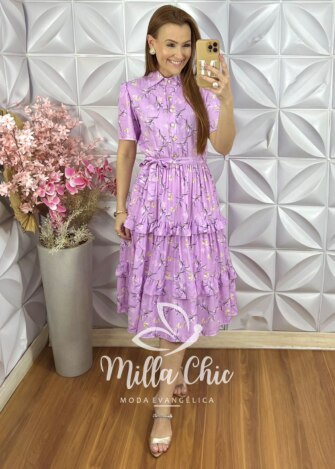 Vestido Janice Em Viscolinho - Lavanda Estampada - Milla Chic