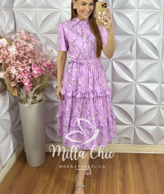 Vestido Janice Em Viscolinho - Lavanda Estampada - Milla Chic