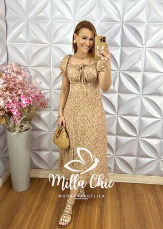 Vestido Judite em Viscolinho Estampado - Amarelo - Milla Chic
