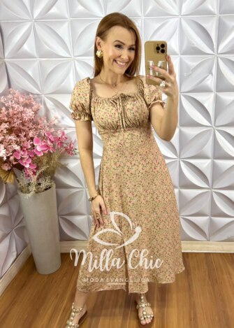 Vestido Judite em Viscolinho Estampado - Amarelo - Milla Chic