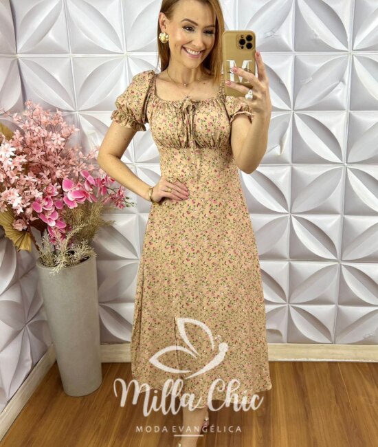 Vestido Judite em Viscolinho Estampado - Amarelo - Milla Chic