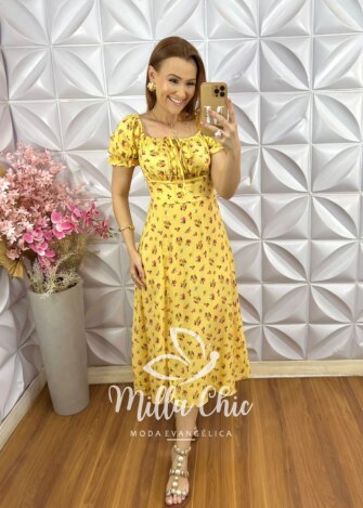 Vestido Judite em Viscolinho Estampado - Amarelo - Milla Chic