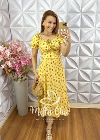 Vestido Judite em Viscolinho Estampado - Amarelo - Milla Chic