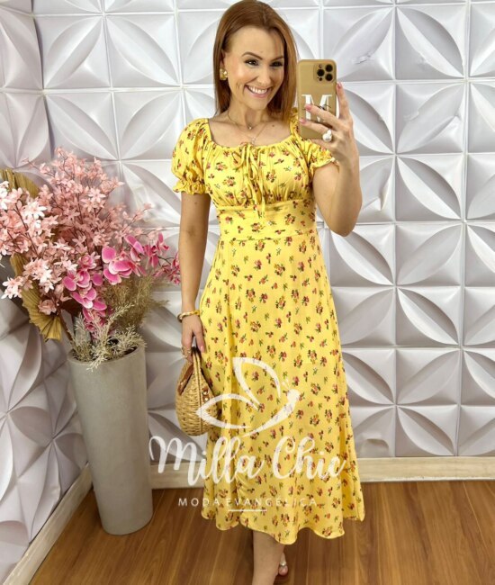 Vestido Judite em Viscolinho Estampado - Amarelo - Milla Chic