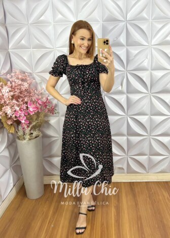 Vestido Judite em Viscolinho Estampado - Preto - Milla Chic