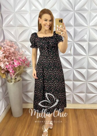 Vestido Judite em Viscolinho Estampado - Preto - Milla Chic