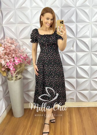 Vestido Judite em Viscolinho Estampado - Preto - Milla Chic