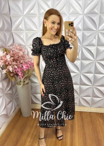 Vestido Judite em Viscolinho Estampado - Preto - Milla Chic