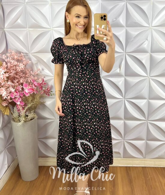 Vestido Judite em Viscolinho Estampado - Preto - Milla Chic