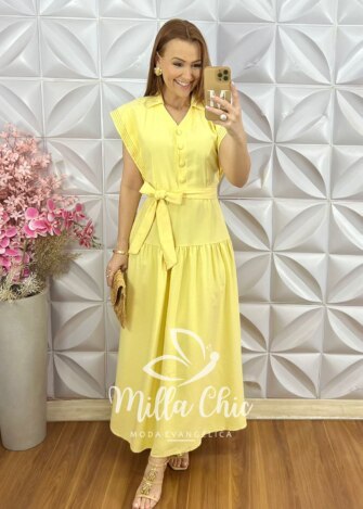 Vestido Lígia em Alfaiataria Marrant - Manteiga - Milla Chic