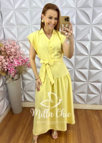 Vestido Lígia em Alfaiataria Marrant - Manteiga - Milla Chic