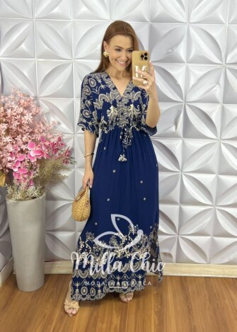 Vestido Manu em Viscolinho - Azul Marinho - Milla Chic
