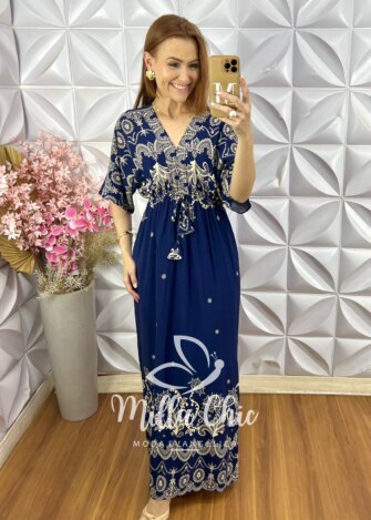 Vestido Manu em Viscolinho - Azul Marinho - Milla Chic