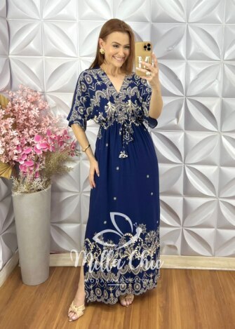 Vestido Manu em Viscolinho - Azul Marinho - Milla Chic