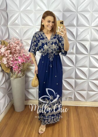 Vestido Manu em Viscolinho - Azul Marinho - Milla Chic