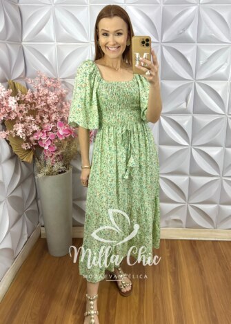 Vestido Melina Em Viscolinho - Verde Hortelã - Milla Chic