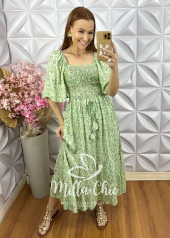 Vestido Melina Em Viscolinho - Verde Hortelã - Milla Chic