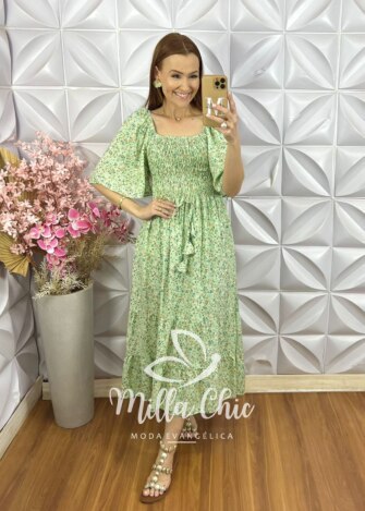 Vestido Melina Em Viscolinho - Verde Hortelã - Milla Chic
