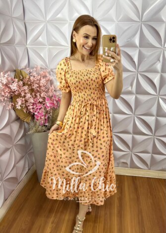 Vestido Melina Manga Princesa - Pêssego - Milla Chic