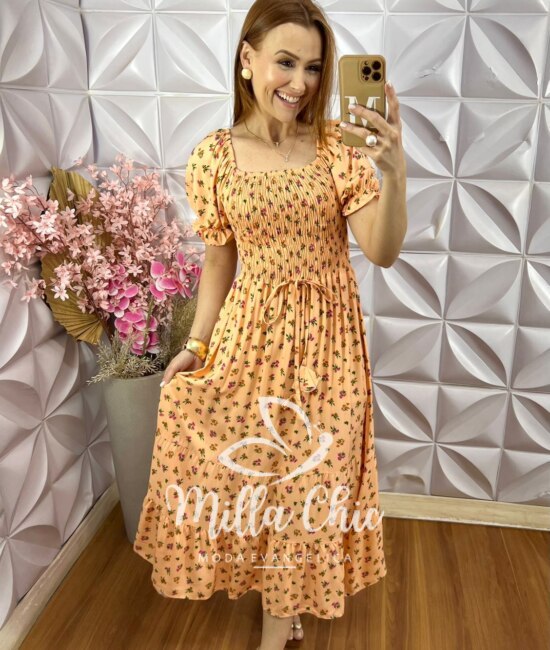 Vestido Melina Manga Princesa - Pêssego - Milla Chic