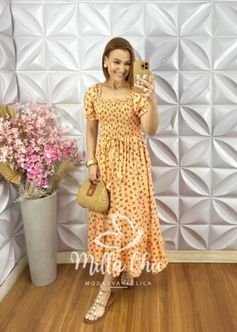 Vestido Melina Manga Princesa - Pêssego - Milla Chic